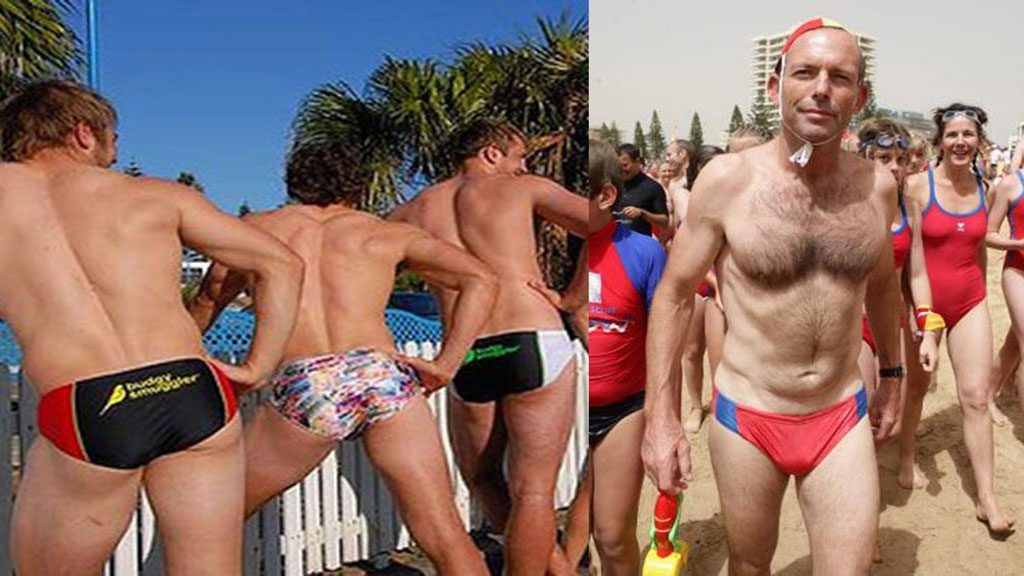 'Great budgy smugglers mate!' This type of swimwear is not that common in 'Straya' The ex prime minister is a proud budgy smuggler wearer. J does not wear budgy smugglers! OK he does for swimming in the pool! only1invillage