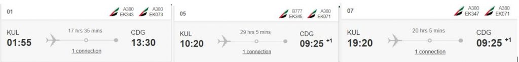 Emirates flight times from Kuala Lumpur to Paris