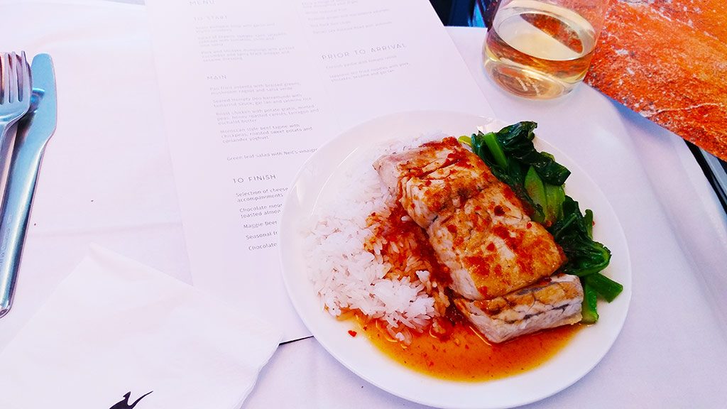 The menu selection always reflects the place you're flying from and the destination. So, on the flight from Australia there is a choice of Asian inspired and Modern Australian food. We opt for one of each and share!