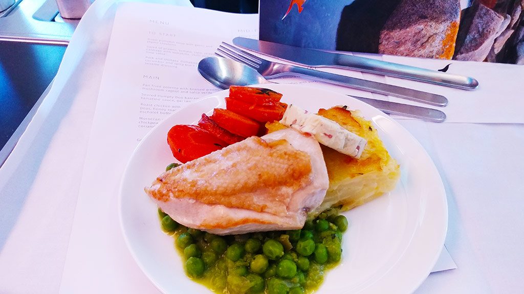 The menu selection always reflects the place you're flying from and the destination. So, on the flight from Australia there is a choice of Asian inspired and Modern Australian food. We opt for one of each and share!