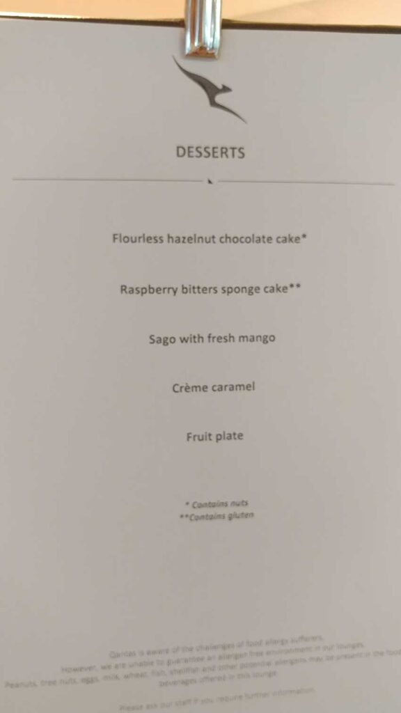 dessert menu Qantas Singapore lounge