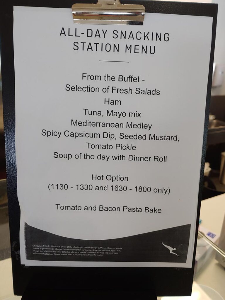 Qantas Club Cairns domestic terminal menu board
