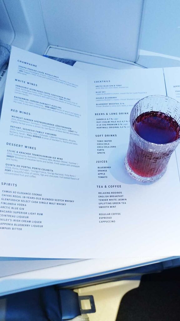 drinks menu business calss Finnair Helsinki to Singapore Only1invillage