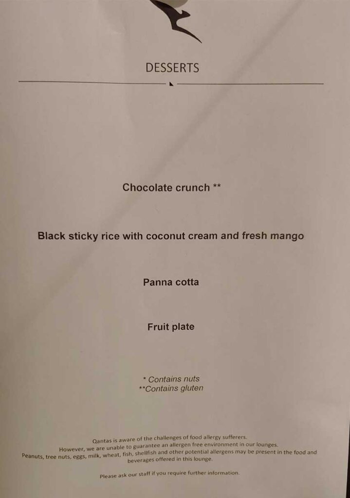 dessert offerings Singapore Qantas lounge August 2022
