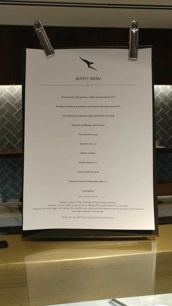 South Asian buffet menu on the upper floor Qantas London lounge